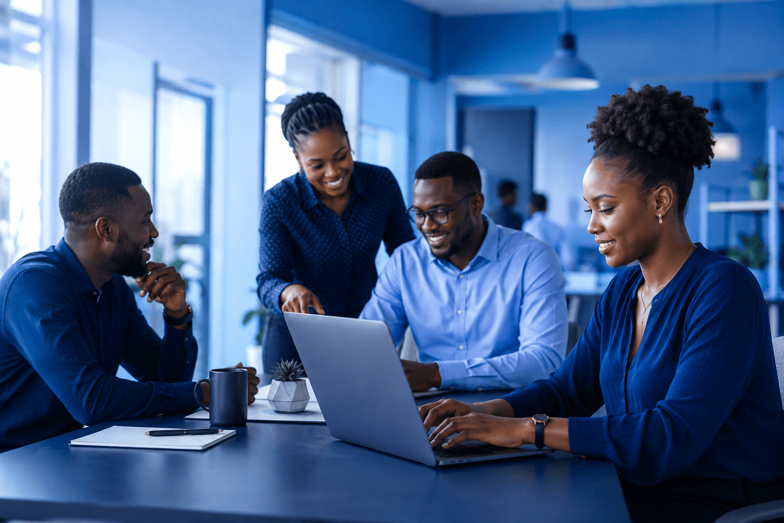 Four colleagues collaborating around a laptop in a bright, open-plan office