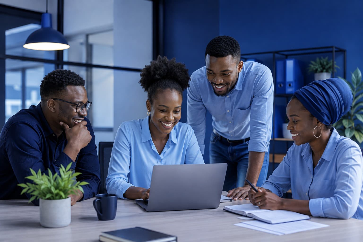 A small team gathered around one laptop, working from a single system