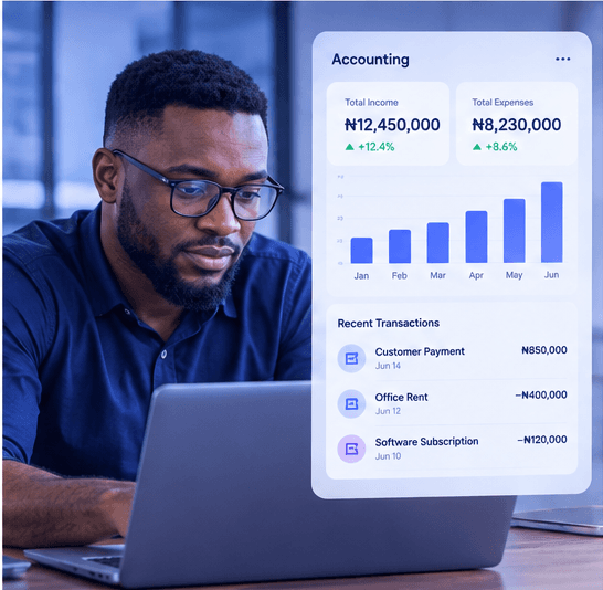 A finance manager reviewing income, expenses and recent transactions in WorkOS