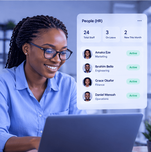 A people manager working in WorkOS, with the HR dashboard showing staff, leave and new joiners