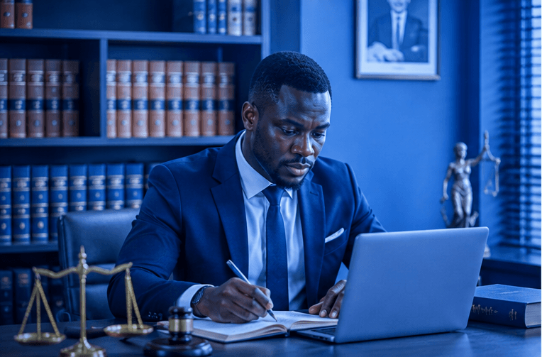 A lawyer working at a desk lined with law books, scales of justice and a gavel