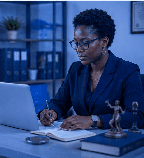 A professional adviser reviewing documents at a desk with reference files behind her