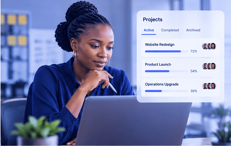 A project manager tracking three active projects and their progress in WorkOS