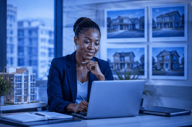 An estate agent reviewing property listings on a laptop, with a building model on the desk
