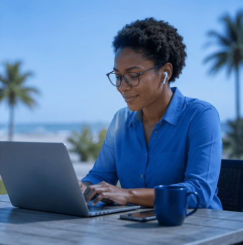 A founder working on a laptop by the sea, still connected to the office