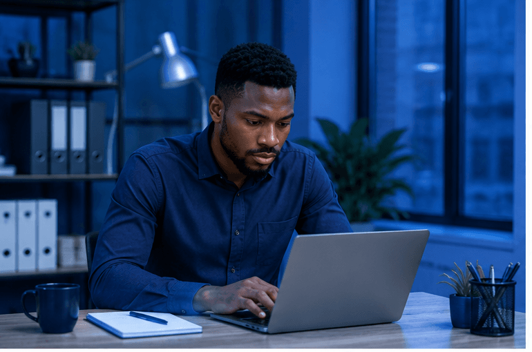 A business owner reviewing the day's numbers on a laptop in the evening