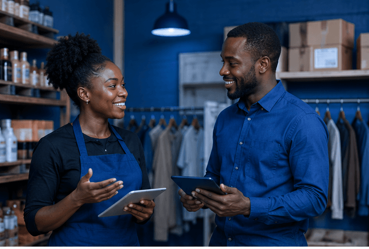 A shop owner and a colleague checking the day's stock on tablets in their store