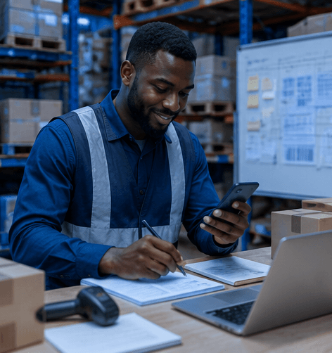 A warehouse supervisor logging stock with a phone and barcode scanner