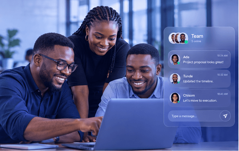 Three colleagues around one laptop while a WorkOS Chat thread keeps the team aligned